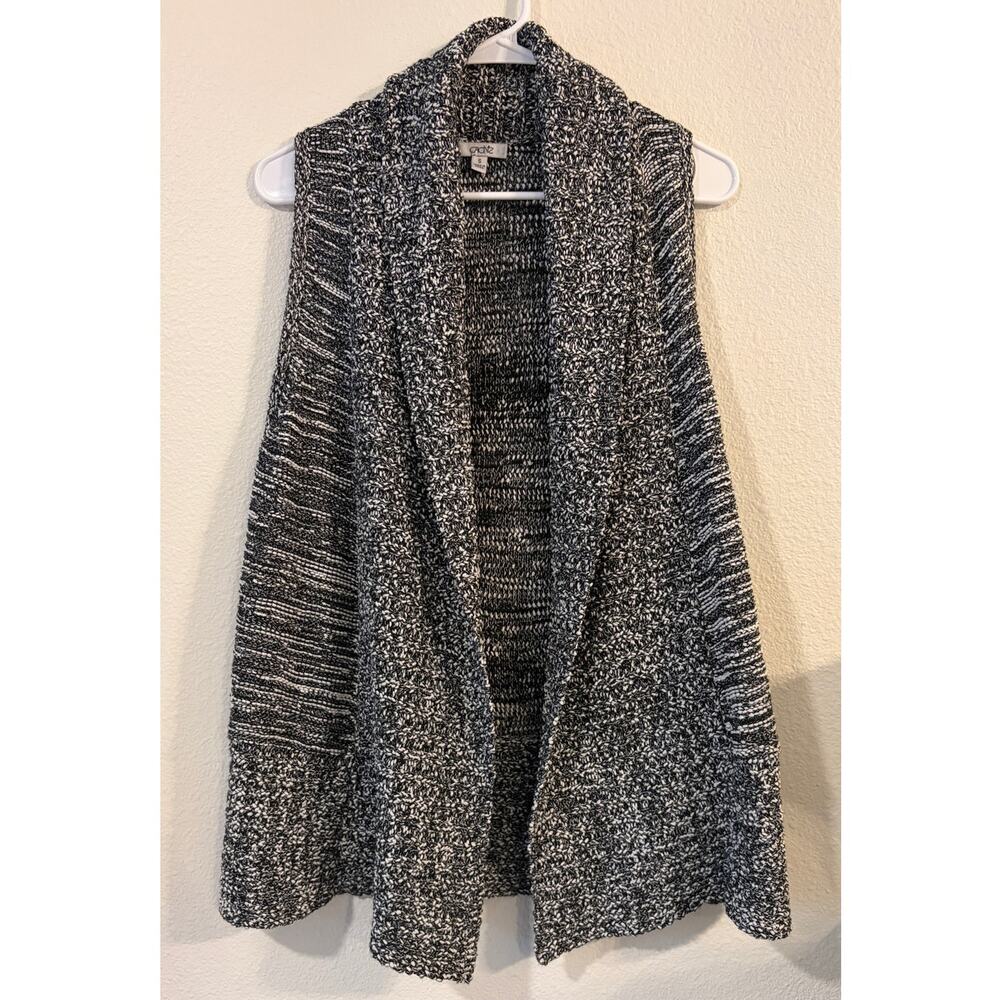 Cache Women’s Small Black White Marled Knit Sleeveless Open Front Cardigan Vest